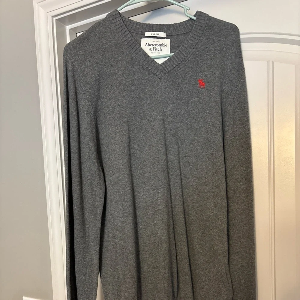 Abercrombie & Fitch Sweater Mens Cashmere Blend Muscle Gray V Pullover LARGE